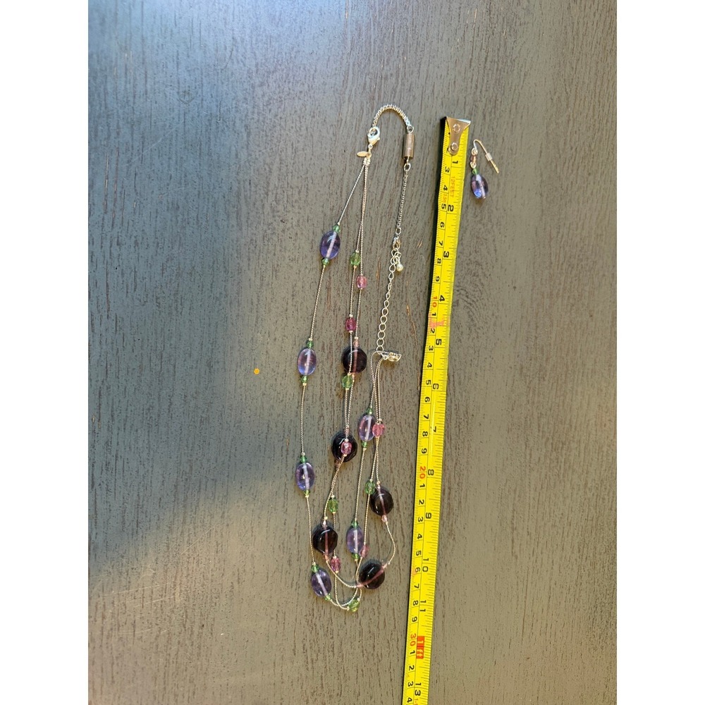 Purple Green Pink Glass Bead Multi Strand Necklace Matching Earring Jewelry Set - Picture 7 of 7